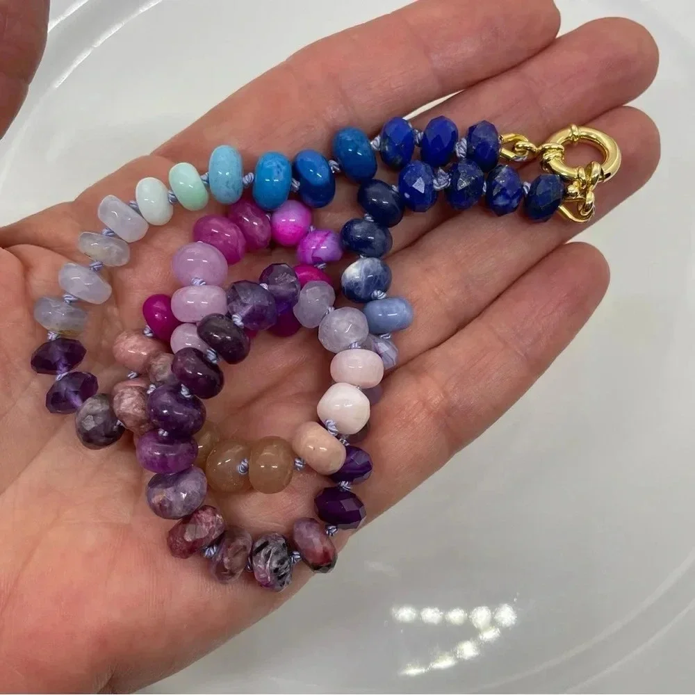 Rainbow hand knotted beaded gemstone necklace 18” blue pink purple 925 silver - Picture 6 of 7